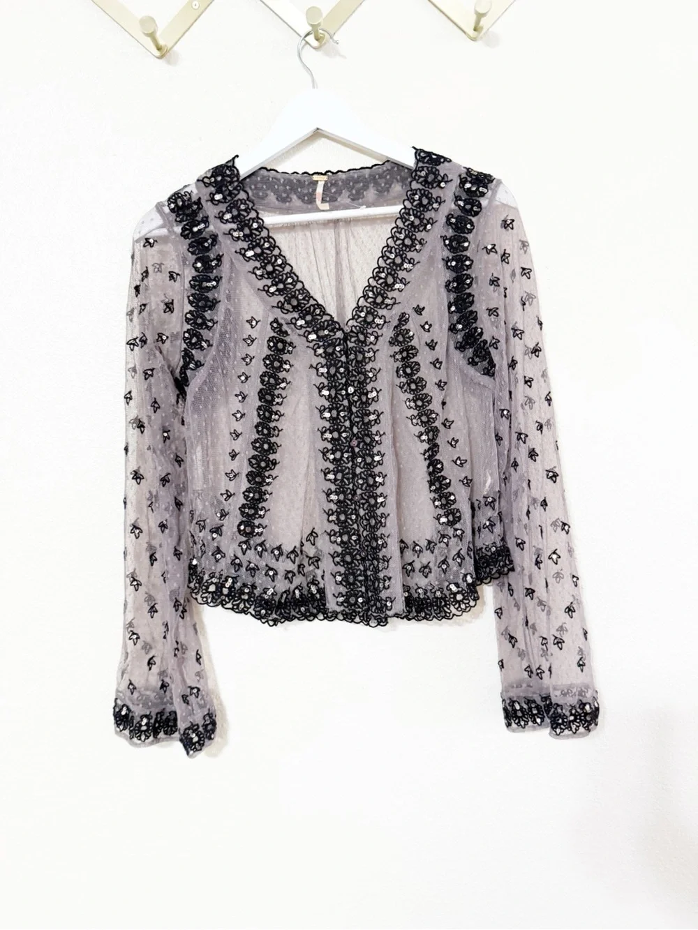 Free People Declan Sequin Sheer Embellished Shirt in Petrified Wood Combo Med